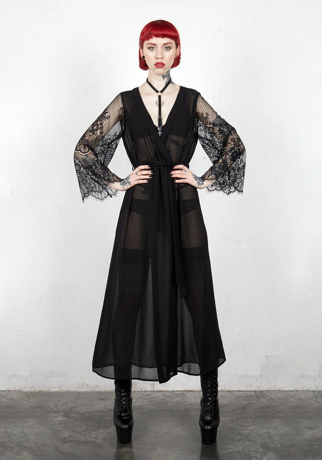 Black Sheer Lace Robe with Belt Tie | Seeress Witchy Fashion