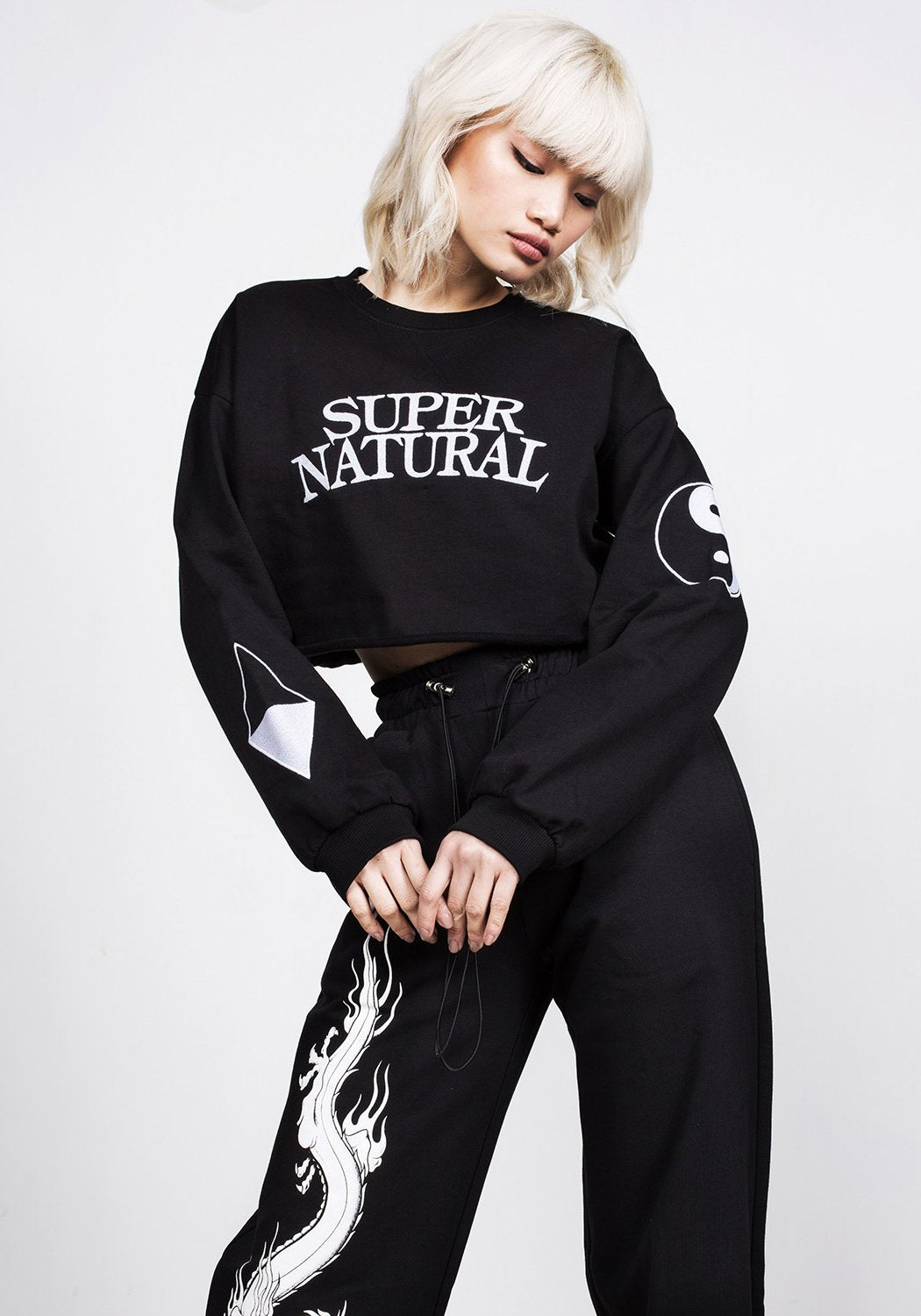 Black Cropped Sweater with Yin-Yang Embroidery & Scoop Neck | Super Natural