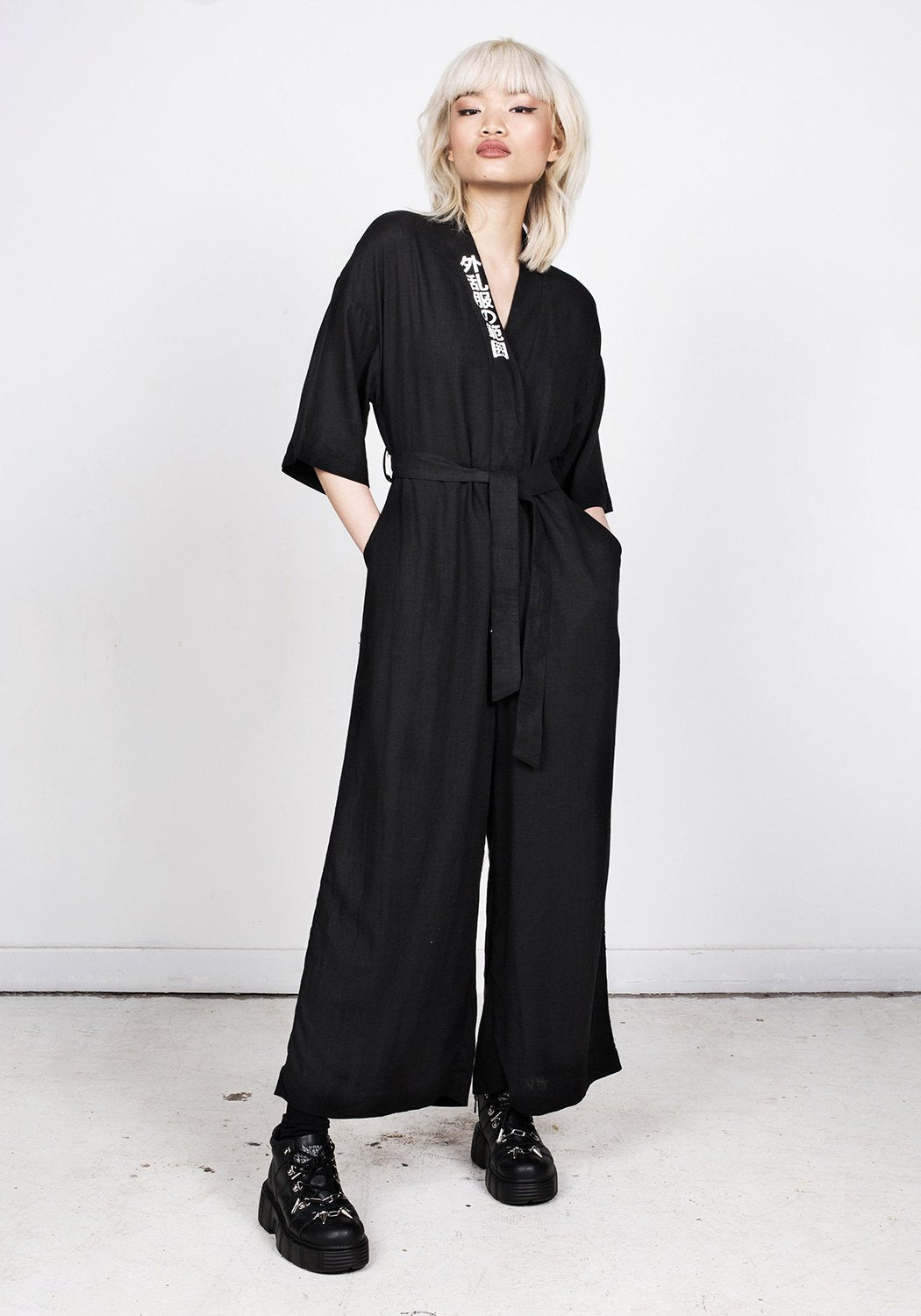 Black Kimono-Style Jumpsuit with V-Neck & Flared Legs | Disturbia