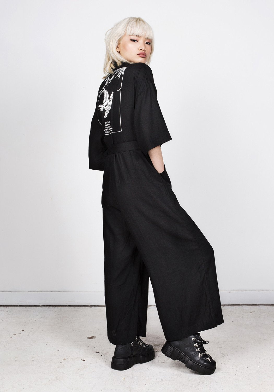 Black Kimono-Style Jumpsuit with V-Neck & Flared Legs | Disturbia