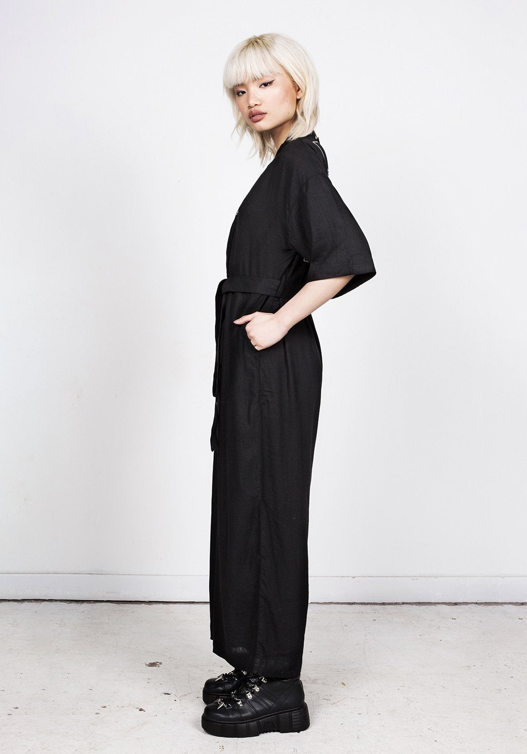 Black Kimono-Style Jumpsuit with V-Neck & Flared Legs | Disturbia
