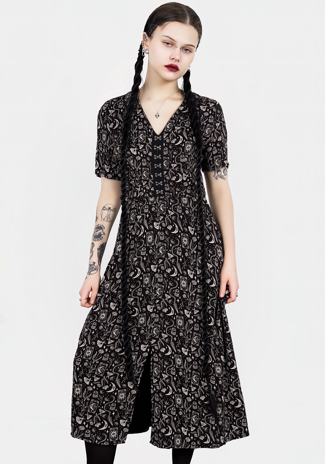 Black V-Neck Midi Dress with Front Slit & Gothic Print | Craft