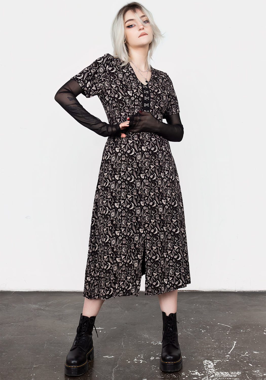Black V-Neck Midi Dress with Front Slit & Gothic Print | Craft