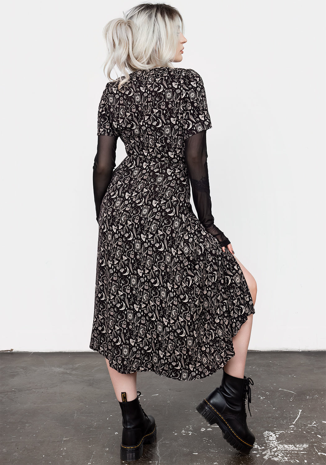 Black V-Neck Midi Dress with Front Slit & Gothic Print | Craft