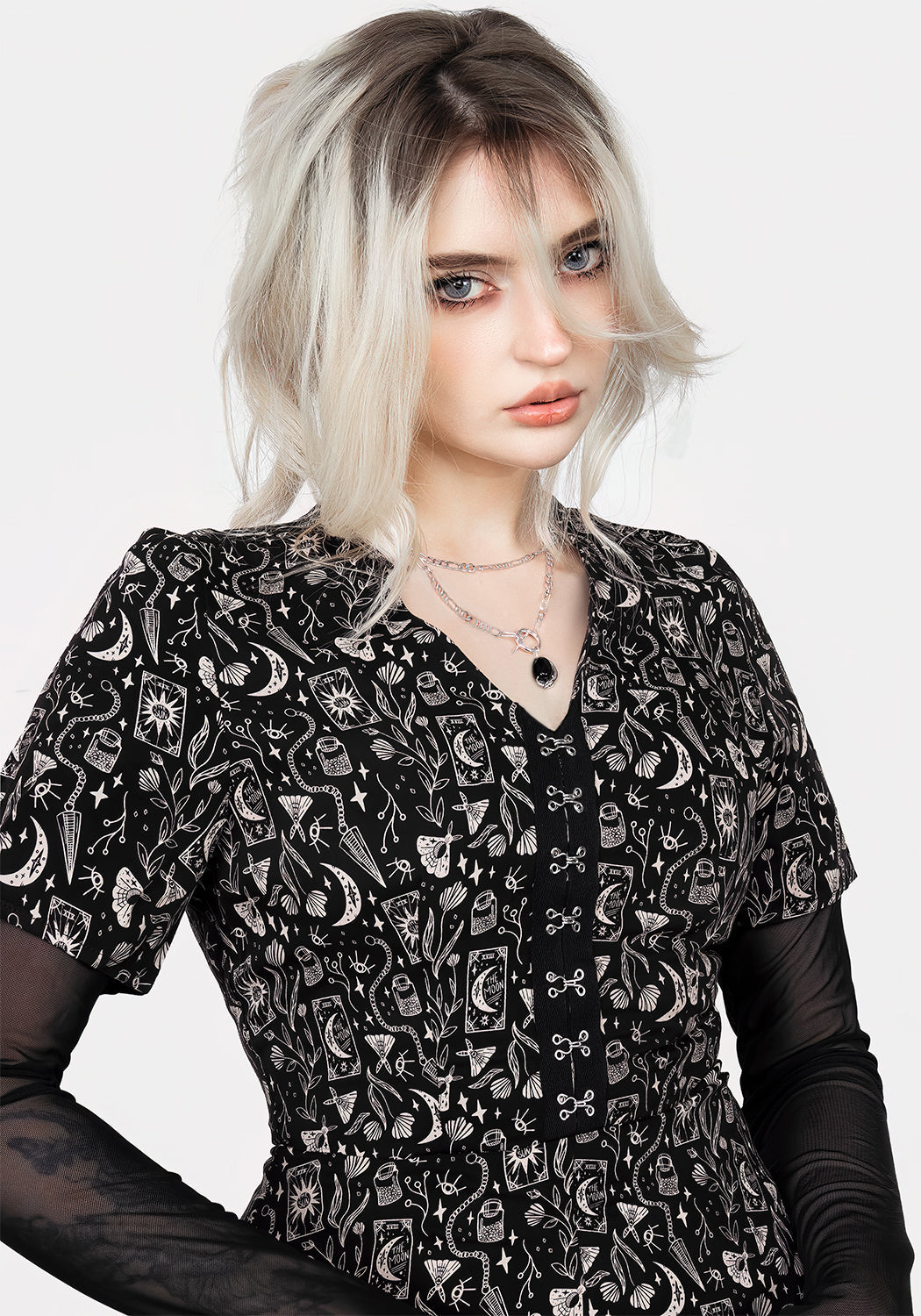 Black V-Neck Midi Dress with Front Slit & Gothic Print | Craft