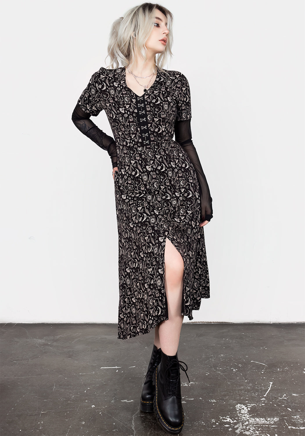 Black V-Neck Midi Dress with Front Slit & Gothic Print | Craft