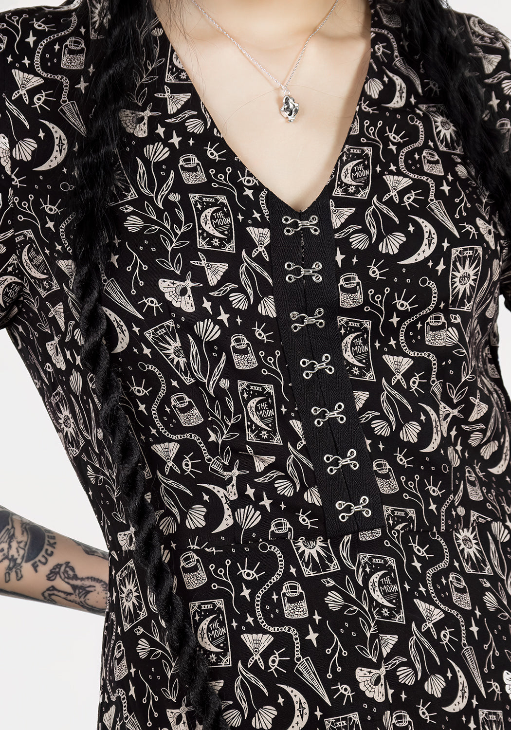 Black V-Neck Midi Dress with Front Slit & Gothic Print | Craft