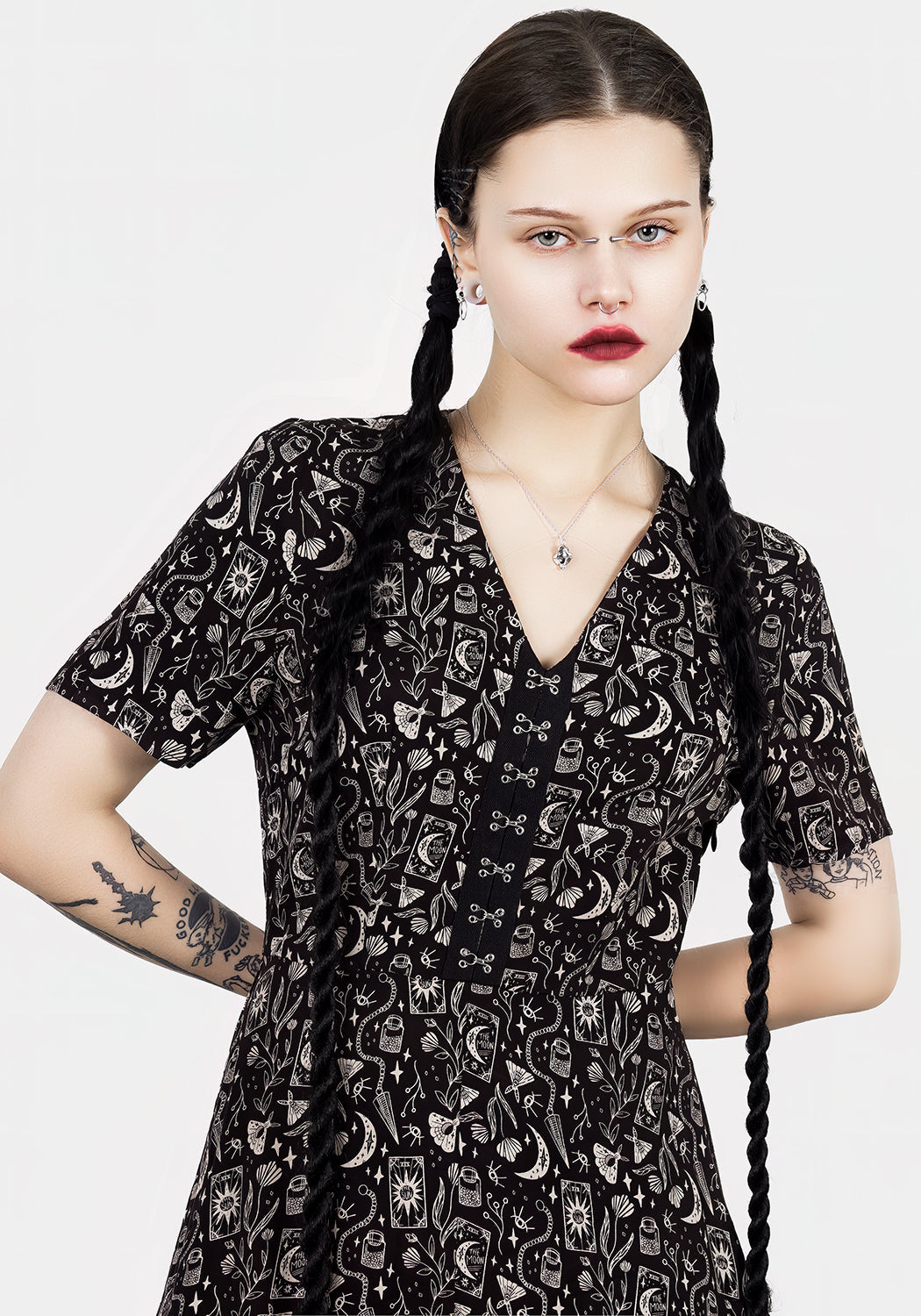 Black V-Neck Midi Dress with Front Slit & Gothic Print | Craft