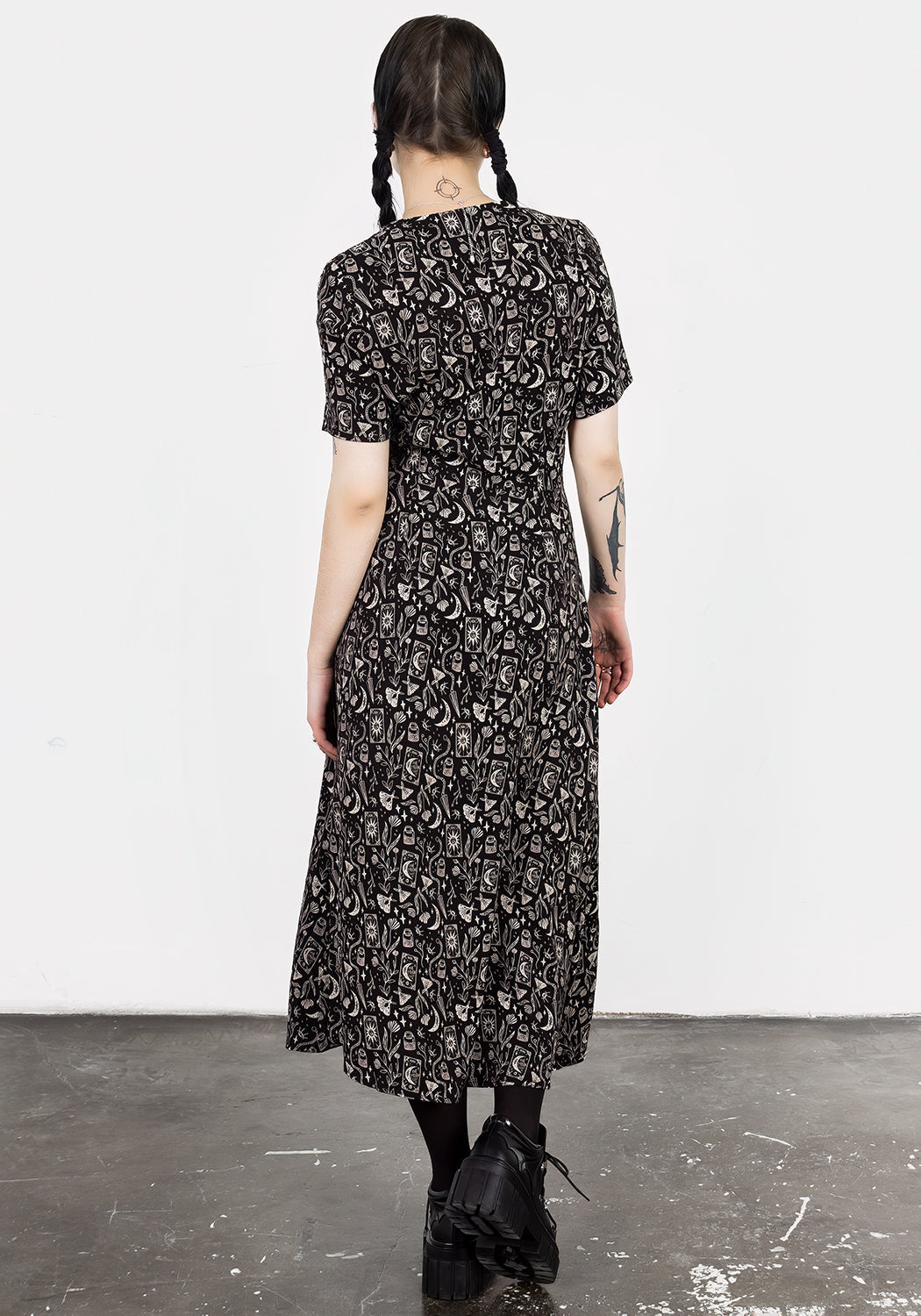 Black V-Neck Midi Dress with Front Slit & Gothic Print | Craft