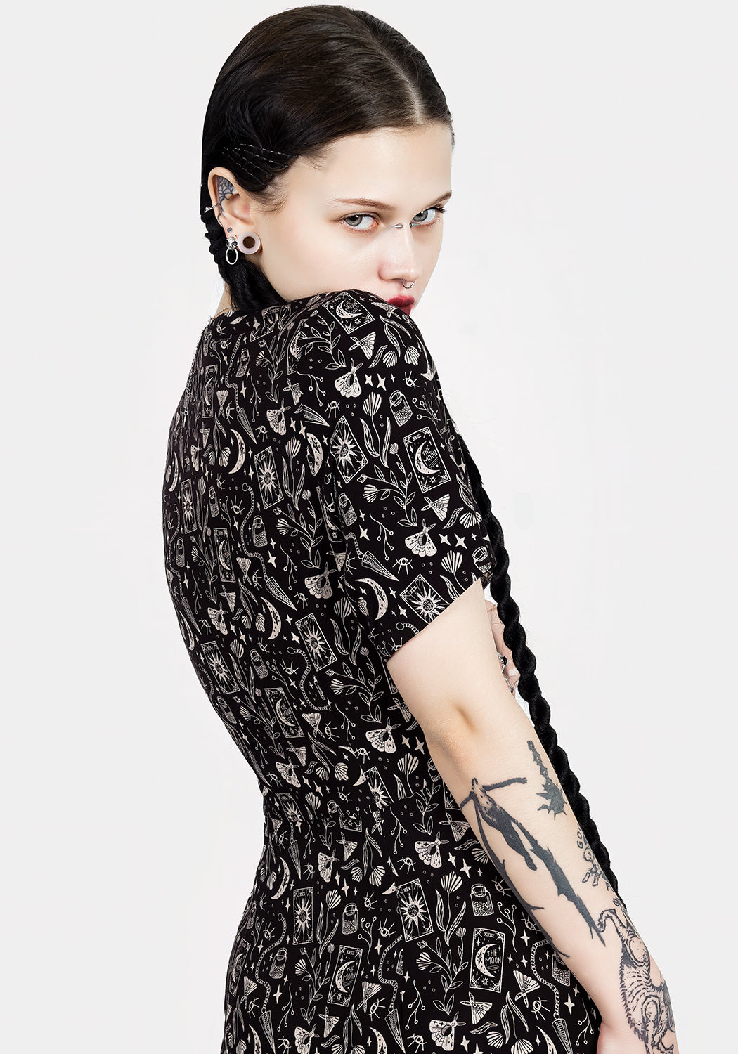 Black V-Neck Midi Dress with Front Slit & Gothic Print | Craft
