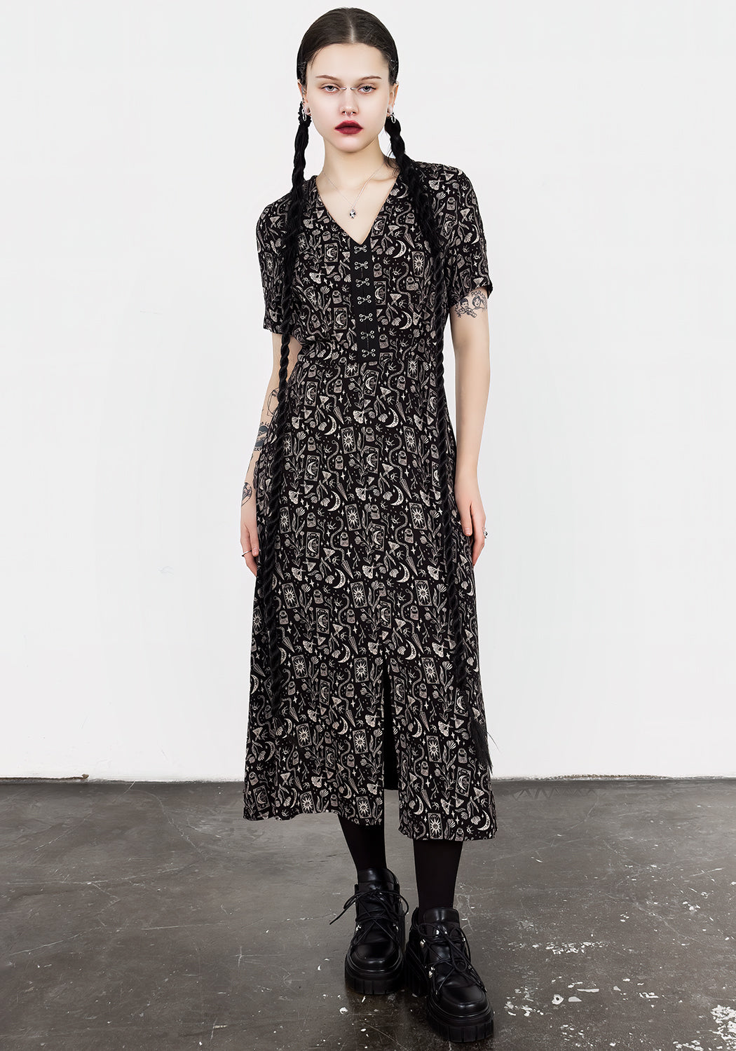 Black V-Neck Midi Dress with Front Slit & Gothic Print | Craft