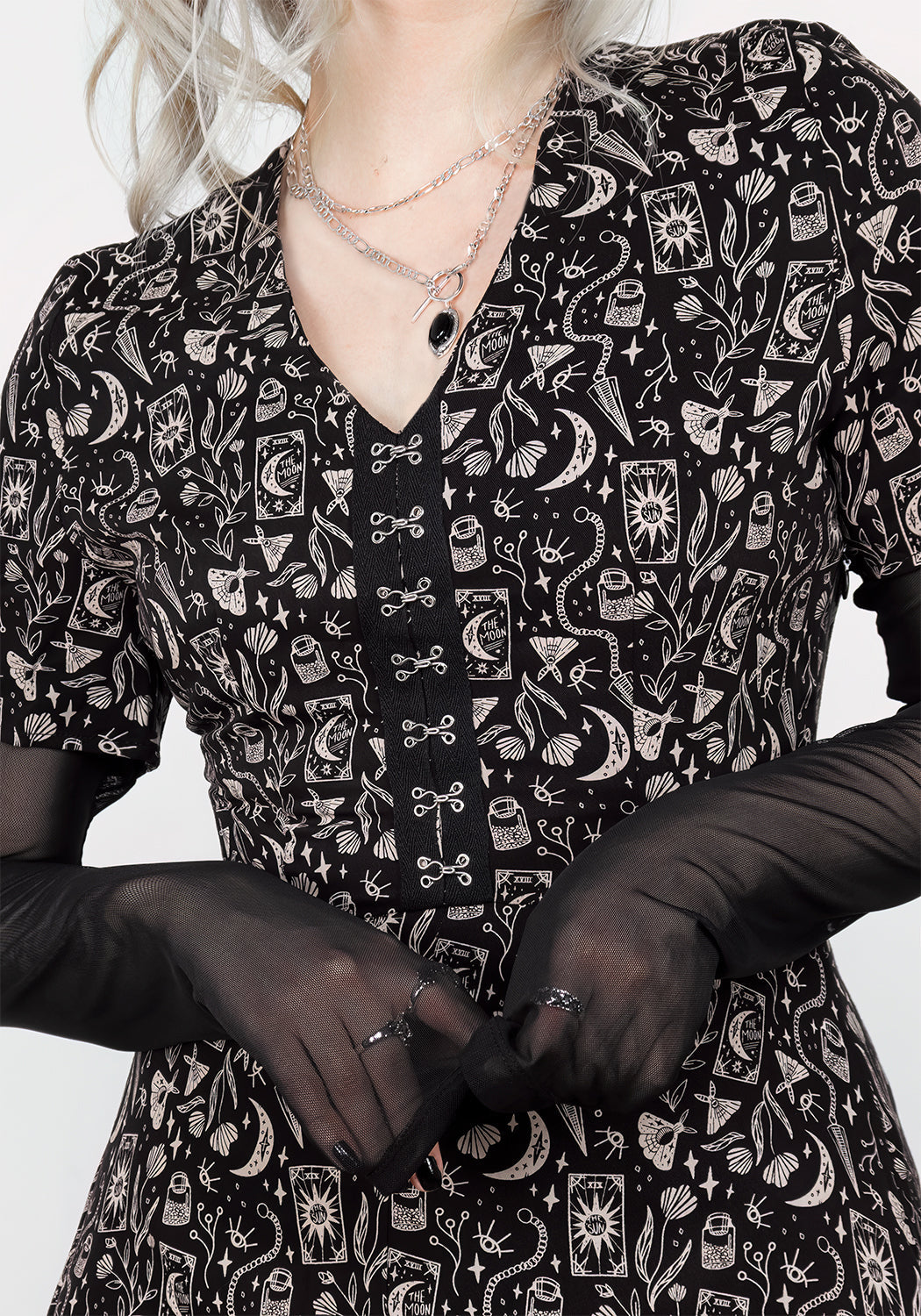 Black V-Neck Midi Dress with Front Slit & Gothic Print | Craft