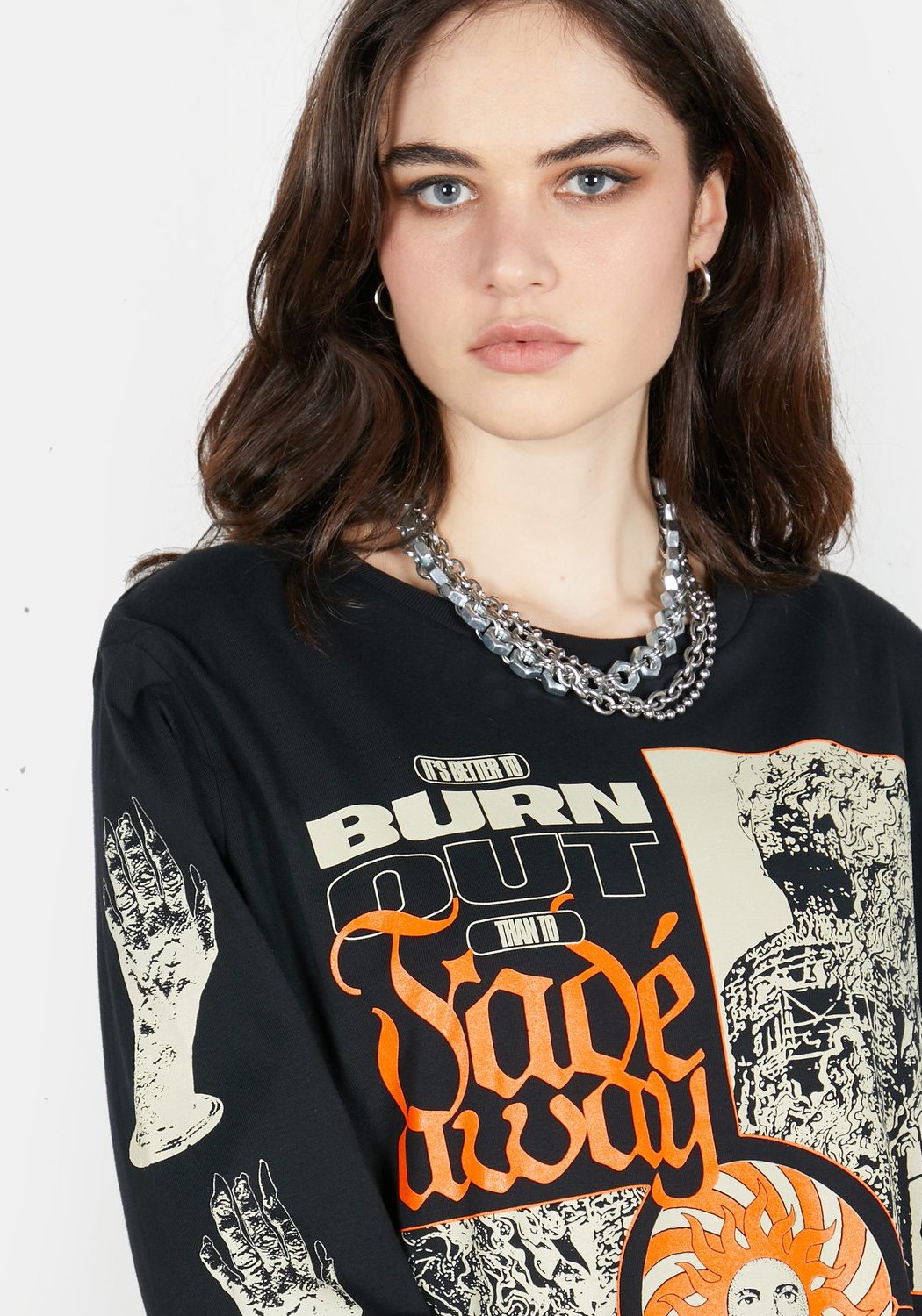 Black Long Sleeve Tee with Graphic Print & Ribbed Cuffs | Burn Out Style