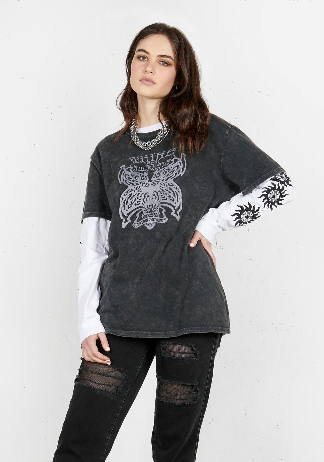 Vintage Wash T-Shirt with Butterfly Print & Slogan | Grunge Style