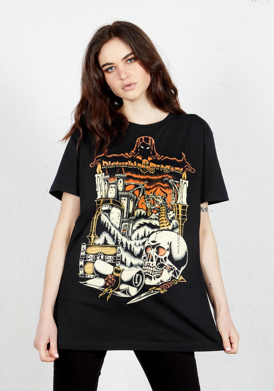 Disturbia & Dragons Graphic T-Shirt | Black Cotton Tee for Men & Women