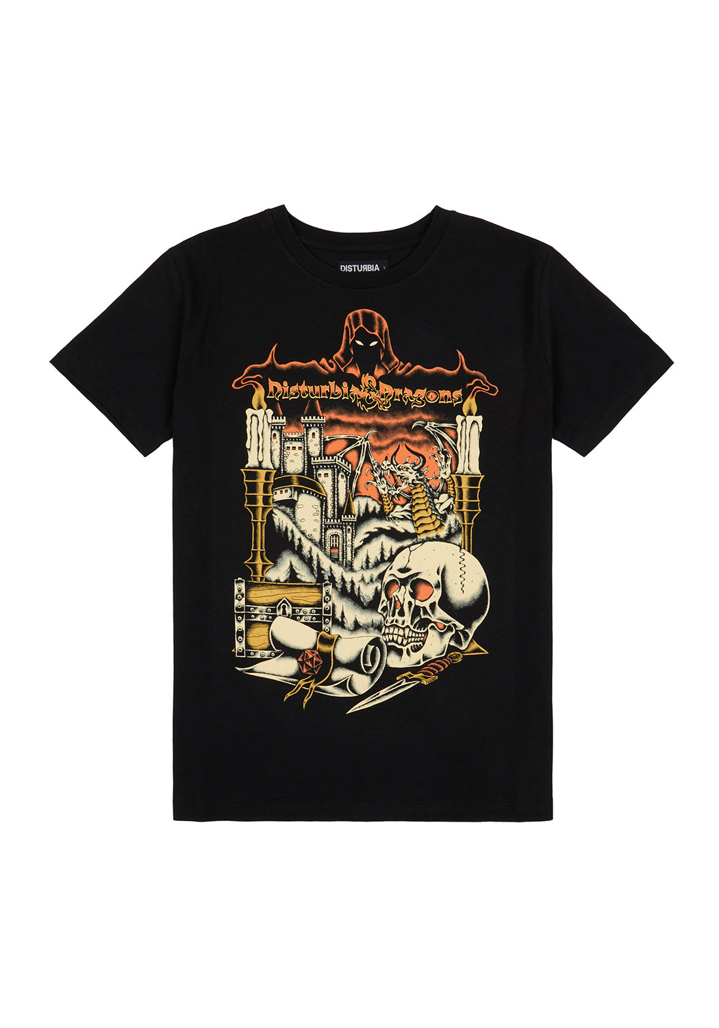 Disturbia & Dragons Graphic T-Shirt | Black Cotton Tee for Men & Women