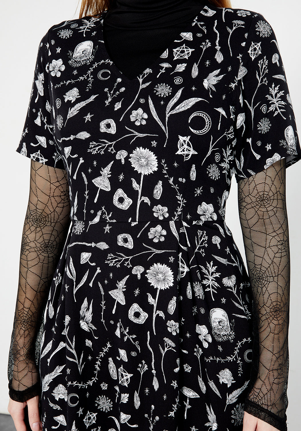 Black Printed Mini Dress with V-Neck & Floral Print | Hedgewitch
