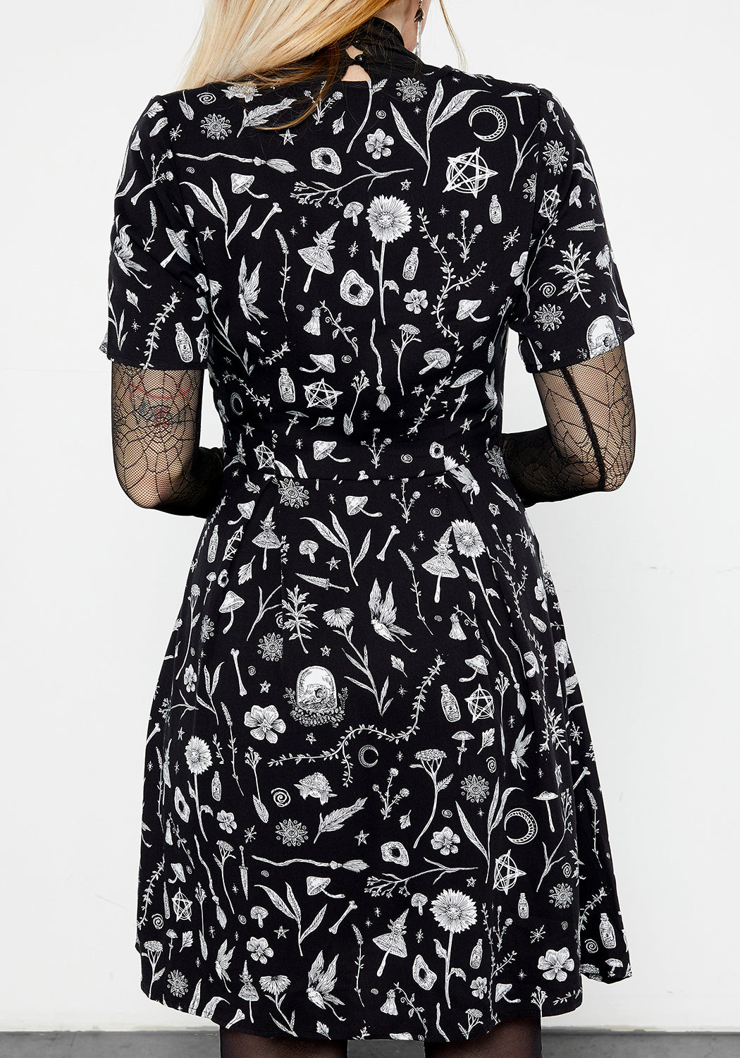 Black Printed Mini Dress with V-Neck & Floral Print | Hedgewitch