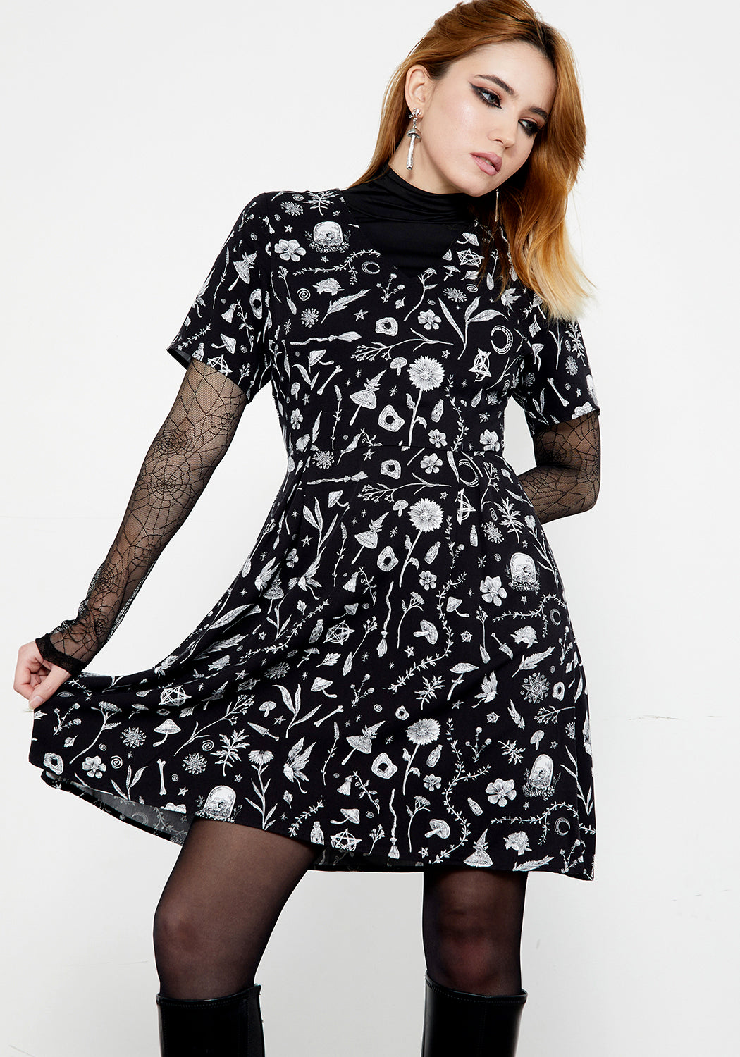 Black Printed Mini Dress with V-Neck & Floral Print | Hedgewitch