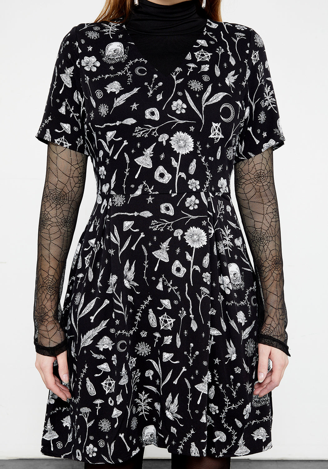 Black Printed Mini Dress with V-Neck & Floral Print | Hedgewitch