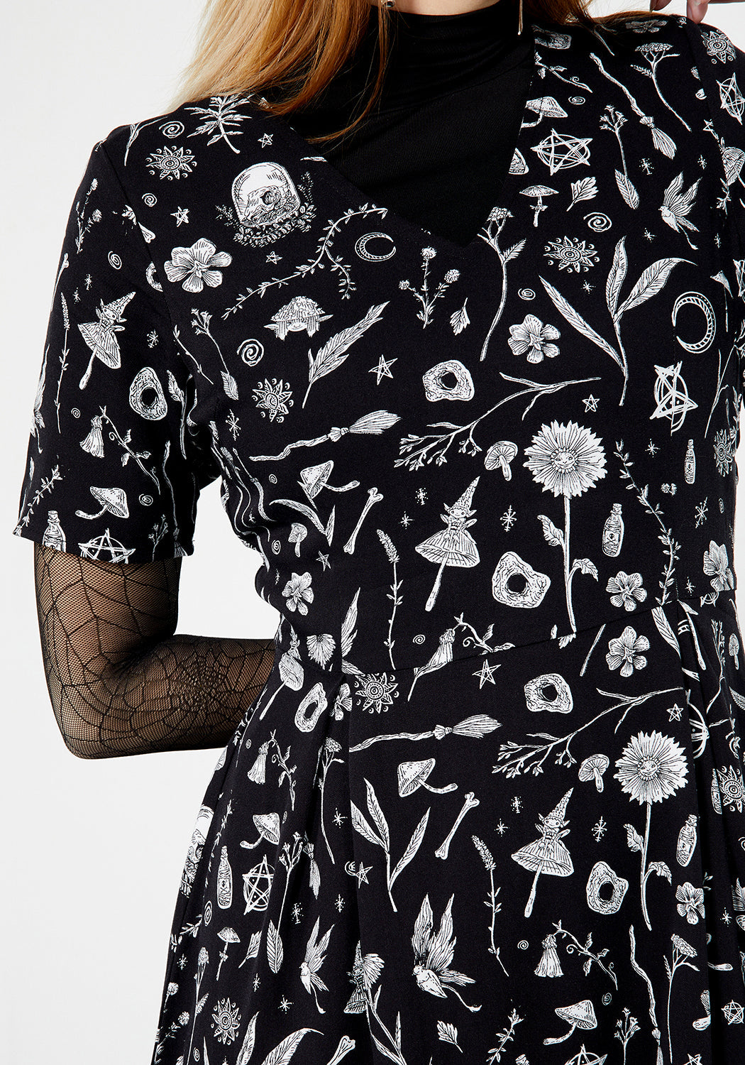 Black Printed Mini Dress with V-Neck & Floral Print | Hedgewitch