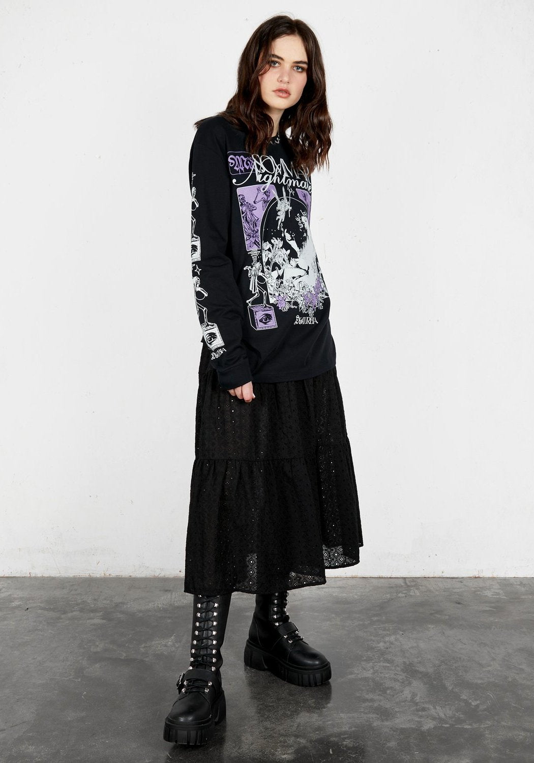 Alternative Graphic Long Sleeve Tee with Mystical Prints | Nightmare