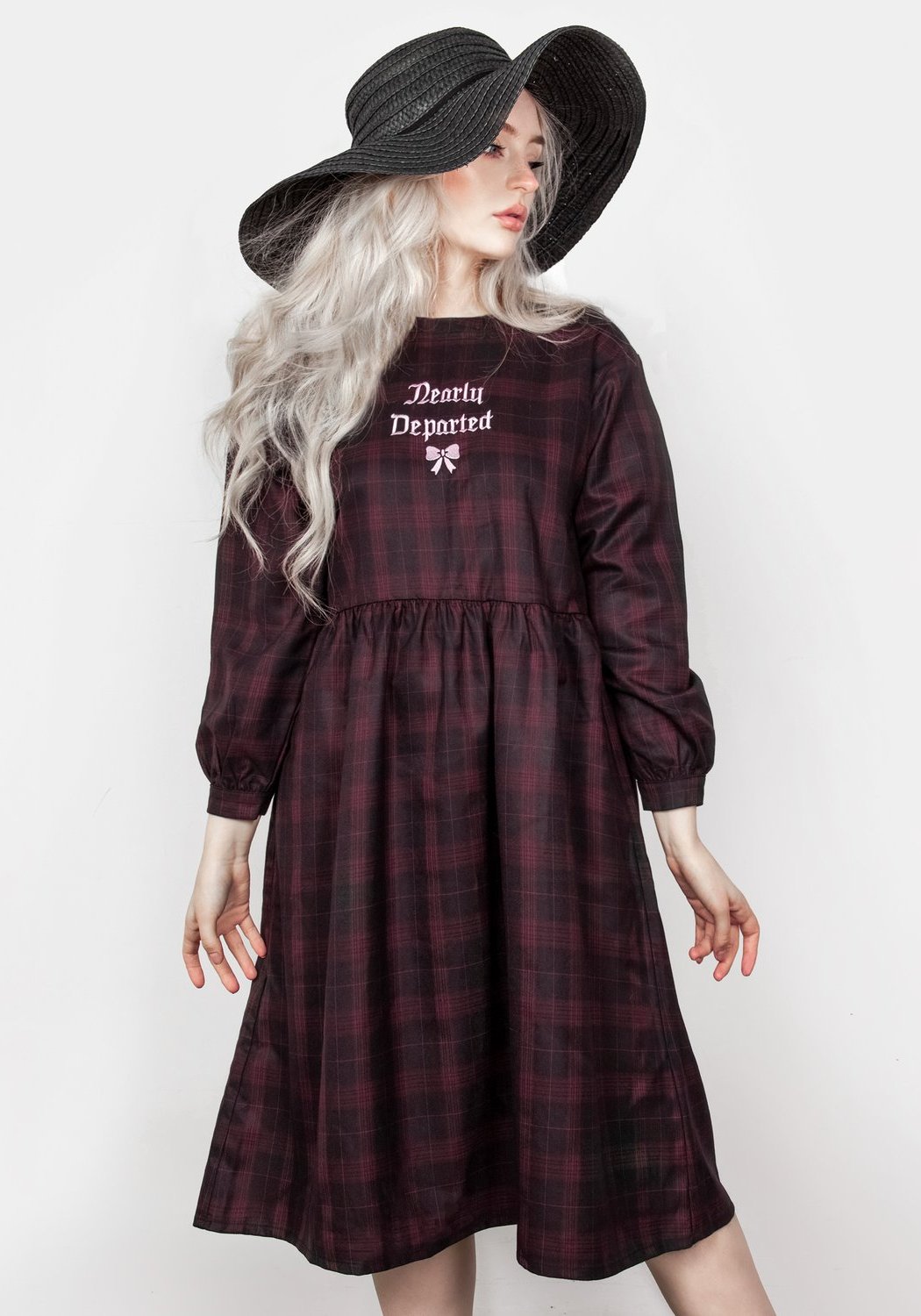 Gothic Plaid Midi Dress with Embroidered Slogan | Departed