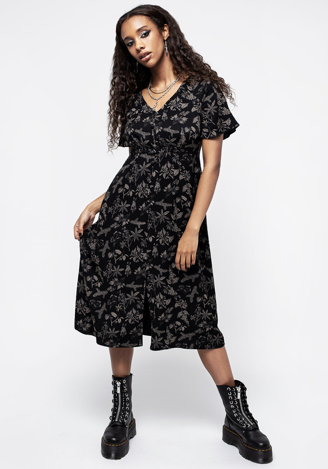 Black Poisonous Plants Midi Dress with V-Neck & Flowy Sleeves
