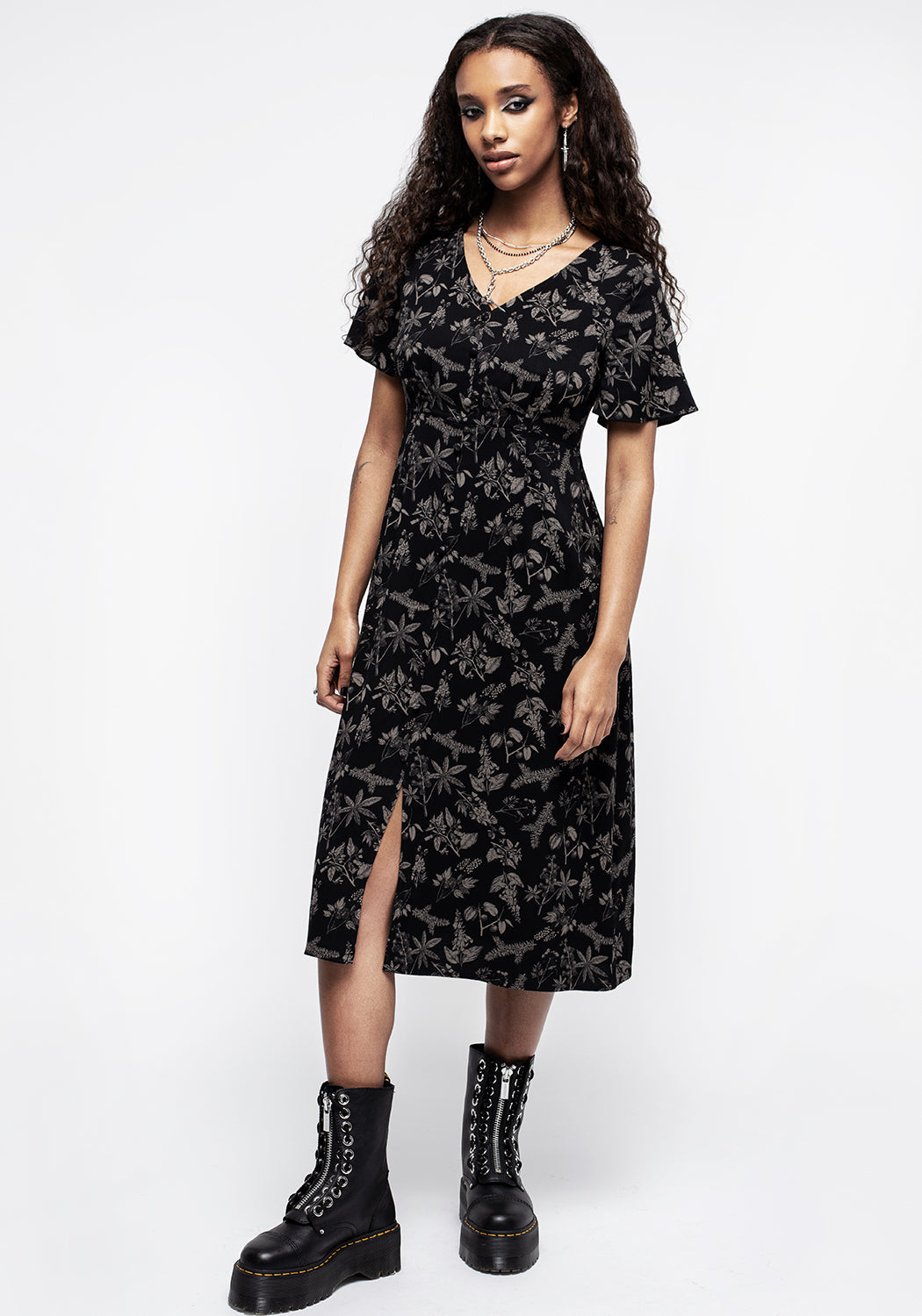 Black Poisonous Plants Midi Dress with V-Neck & Flowy Sleeves