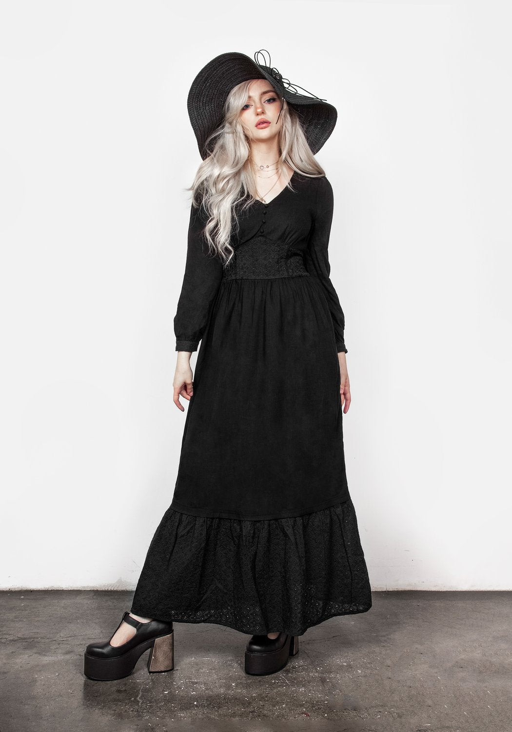 Broderie Anglaise Maxi Dress with V-Neck & Long Sleeves | Freya