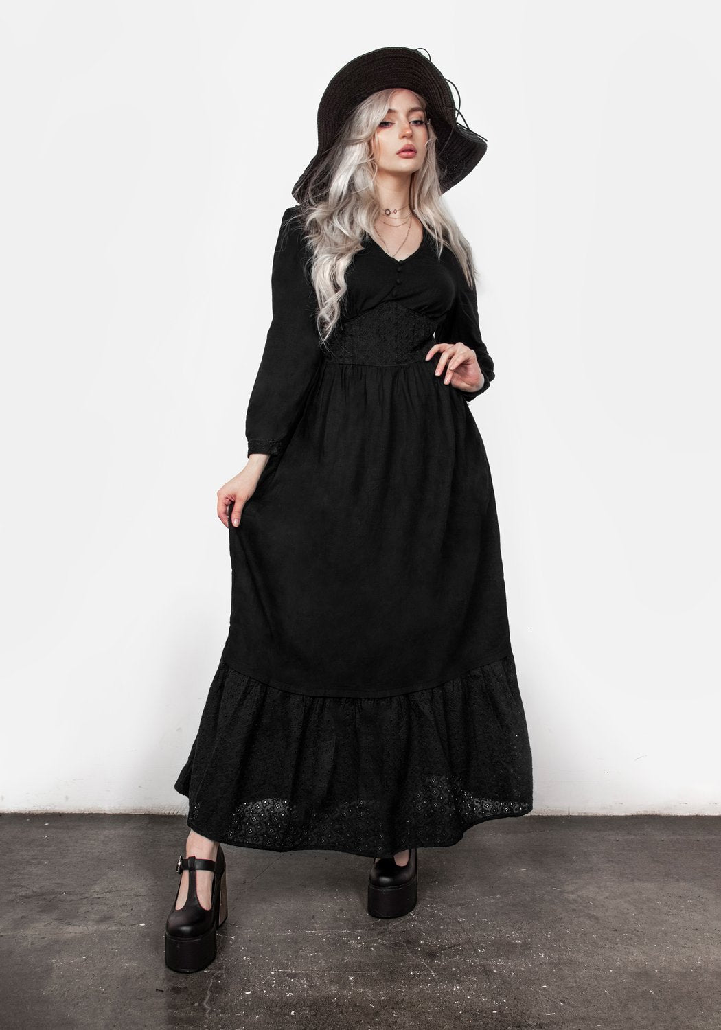 Broderie Anglaise Maxi Dress with V-Neck & Long Sleeves | Freya
