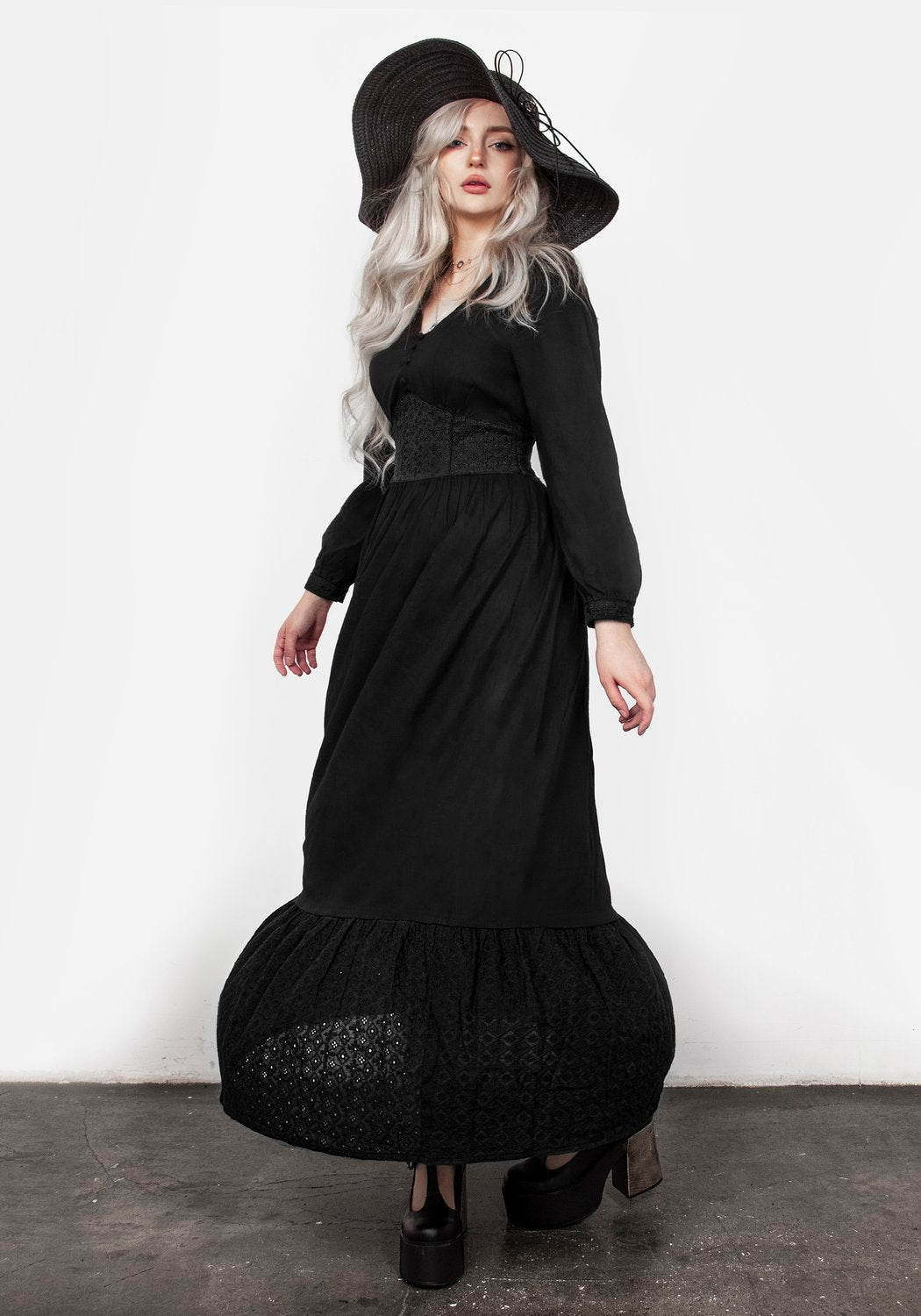 Broderie Anglaise Maxi Dress with V-Neck & Long Sleeves | Freya