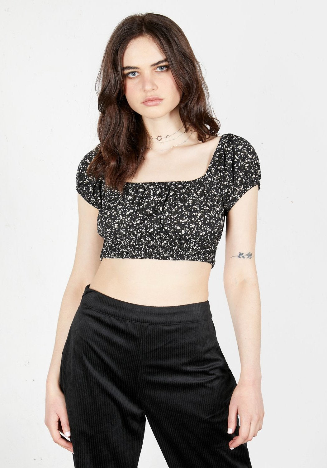 Floral Puff-Sleeve Bardot Crop Top | Milkweed
