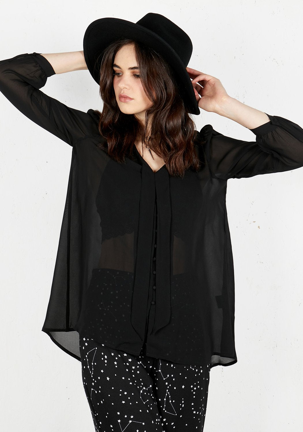 Oversized Sheer Black Shirt with Tie Details | Onyx Luxe