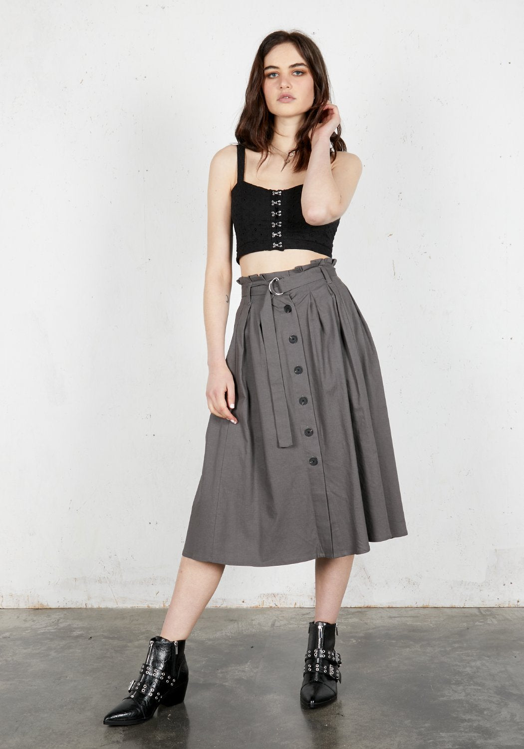 Linen Midi Skirt with Paper-Bag Waist & Belt | Rite