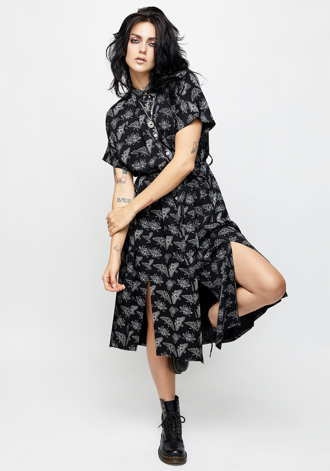 Moth Print Midi Shirt Dress with Front Splits | Mortmoth