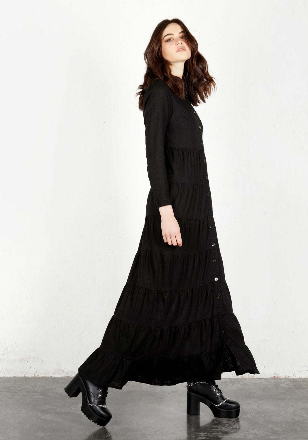 Black Tiered Linen Maxi Dress with Long Sleeves | Shade