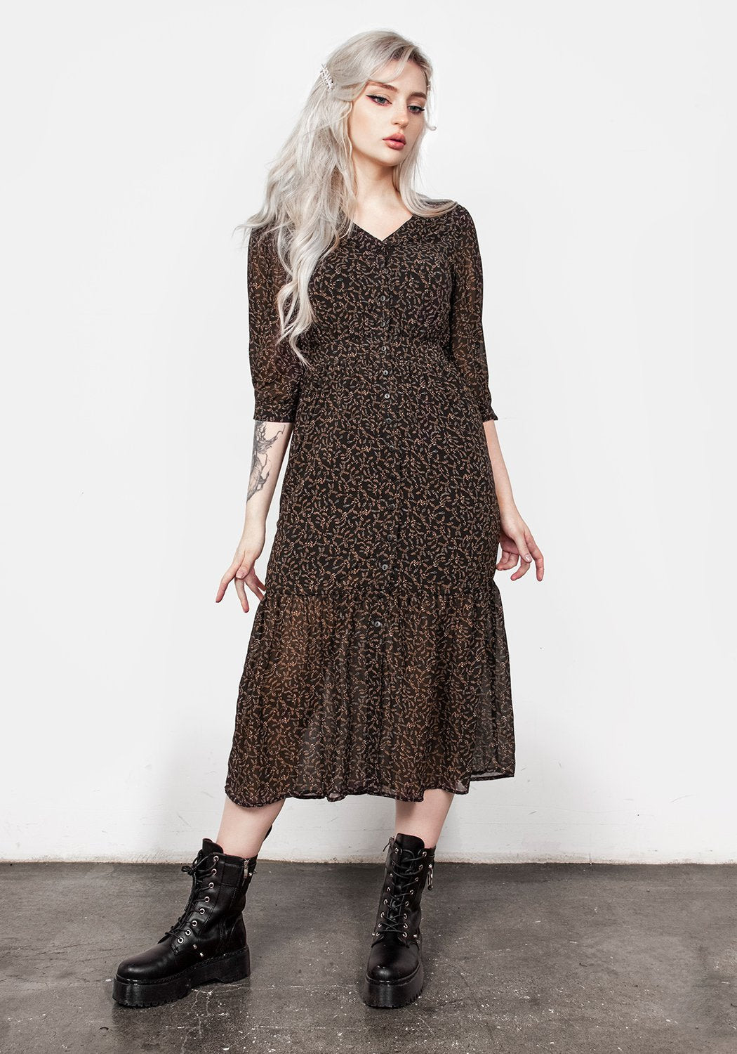 Floral Button-Up Midi Dress with 3/4 Sleeves | Delphinium