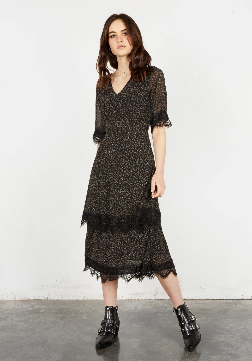 Floral Print Black Midi Dress with Lace Trim | Delphinium