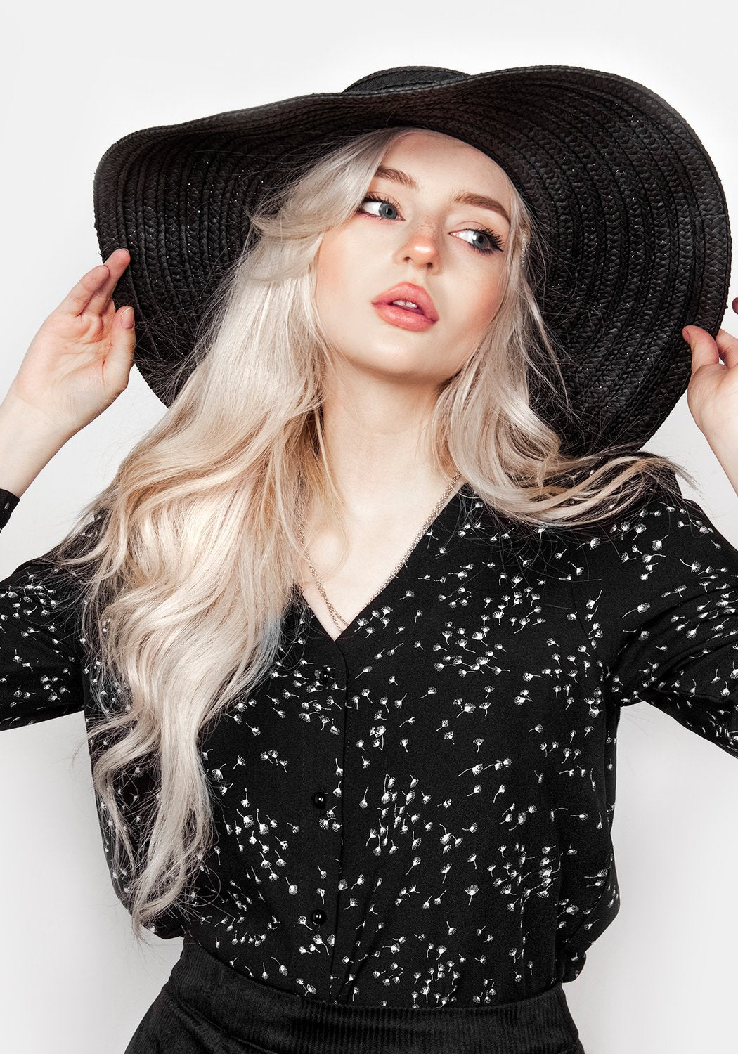 Sheer Puff Sleeve Blouse with V-Neck & Button Cuffs | Hemlock Print Top