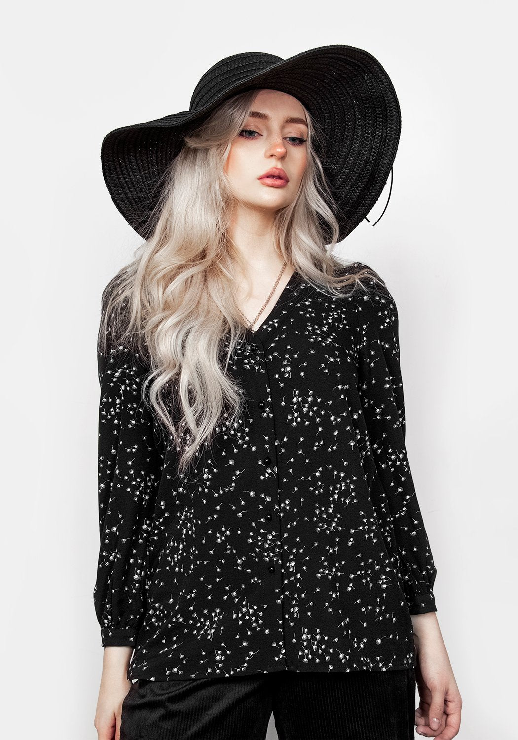 Sheer Puff Sleeve Blouse with V-Neck & Button Cuffs | Hemlock Print Top
