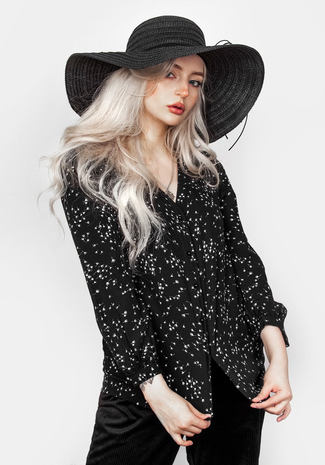Sheer Puff Sleeve Blouse with V-Neck & Button Cuffs | Hemlock Print Top