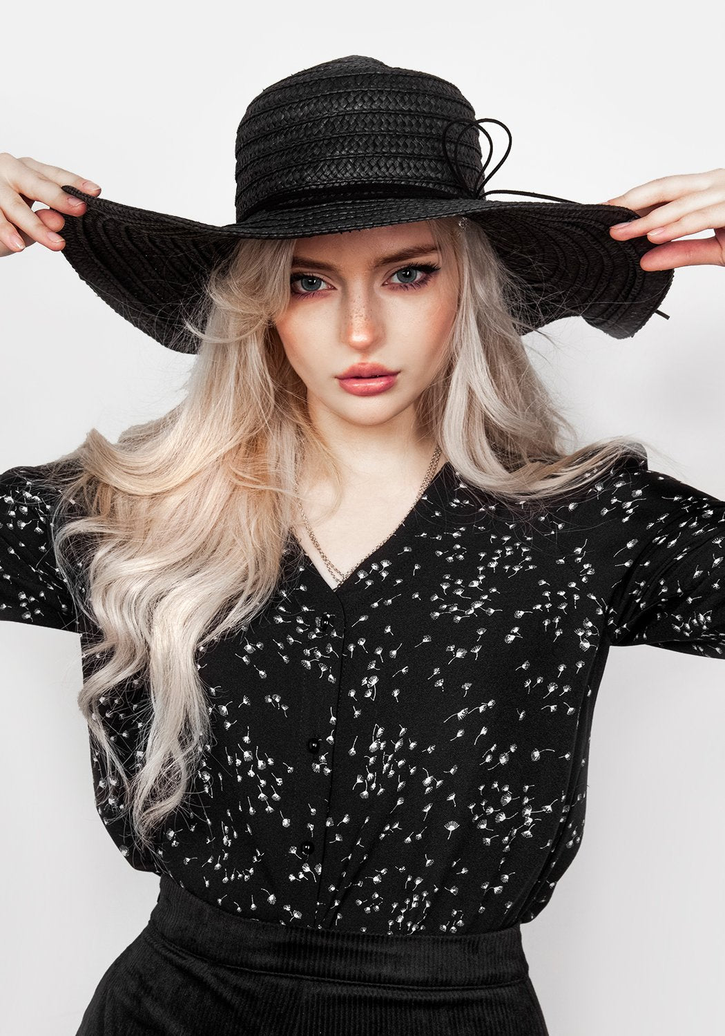 Sheer Puff Sleeve Blouse with V-Neck & Button Cuffs | Hemlock Print Top