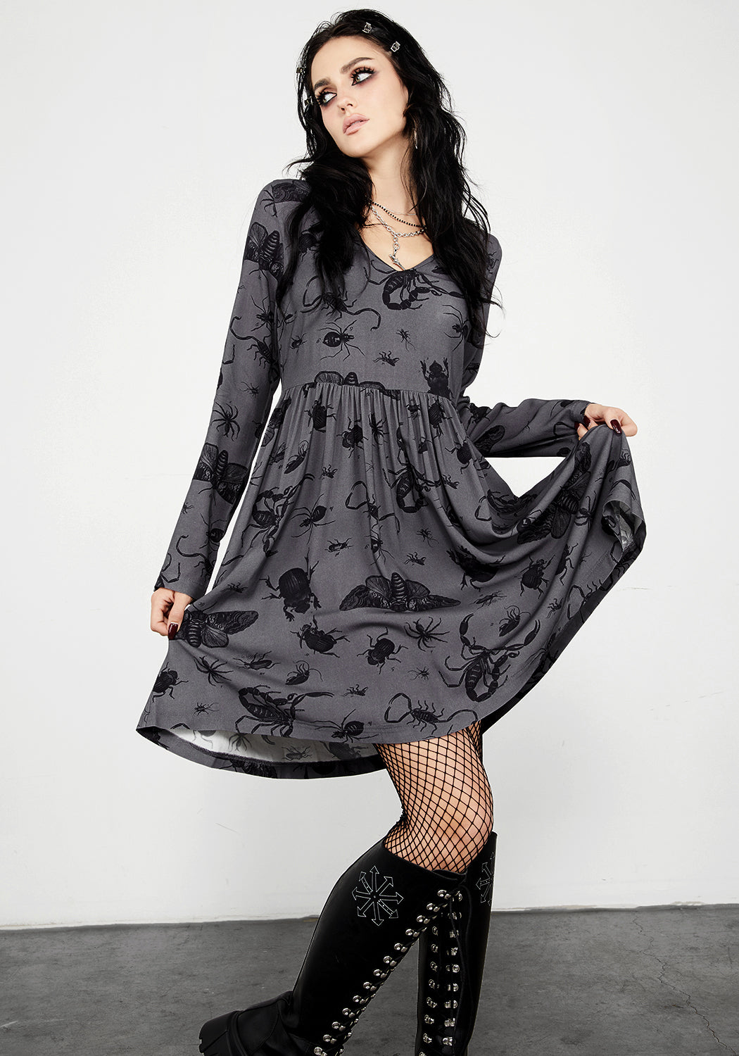 Grey Bug Print Mini Smock Dress with V-Neck & Long Sleeves