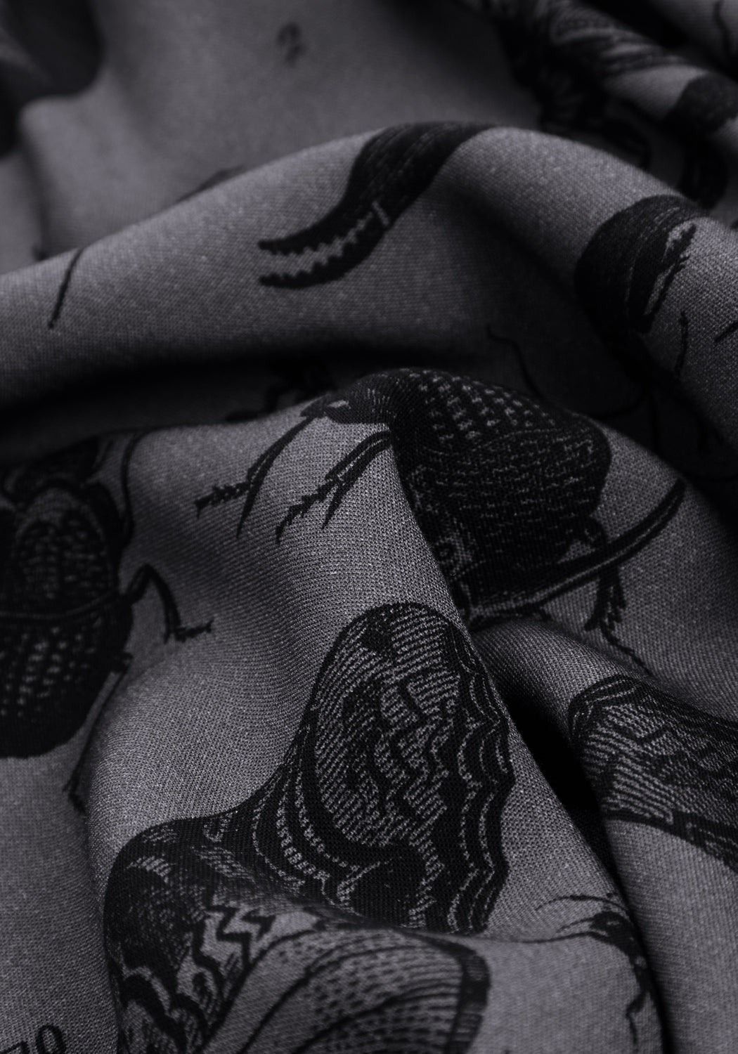 Grey Bug Print Mini Smock Dress with V-Neck & Long Sleeves