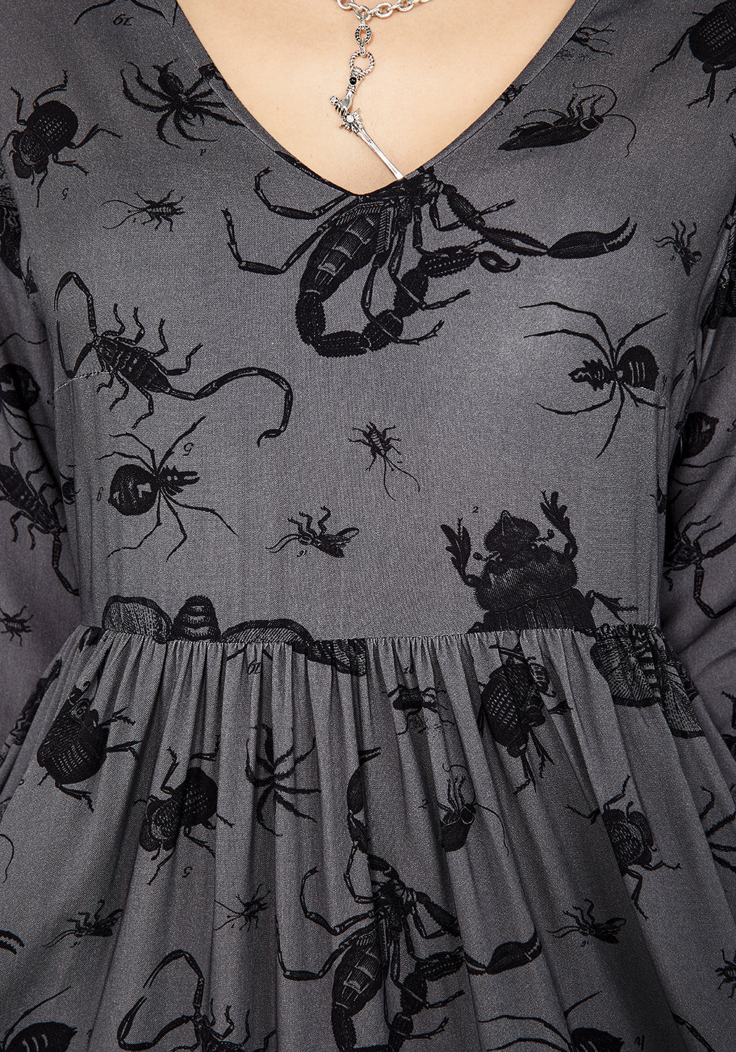 Grey Bug Print Mini Smock Dress with V-Neck & Long Sleeves