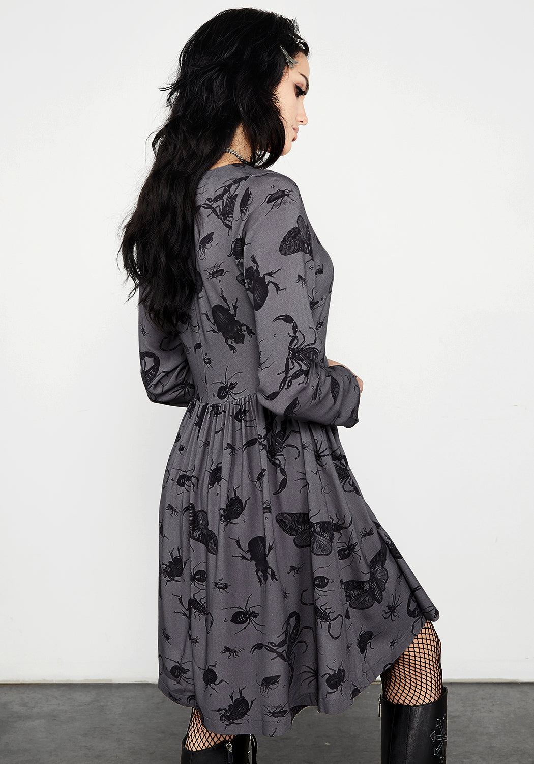 Grey Bug Print Mini Smock Dress with V-Neck & Long Sleeves