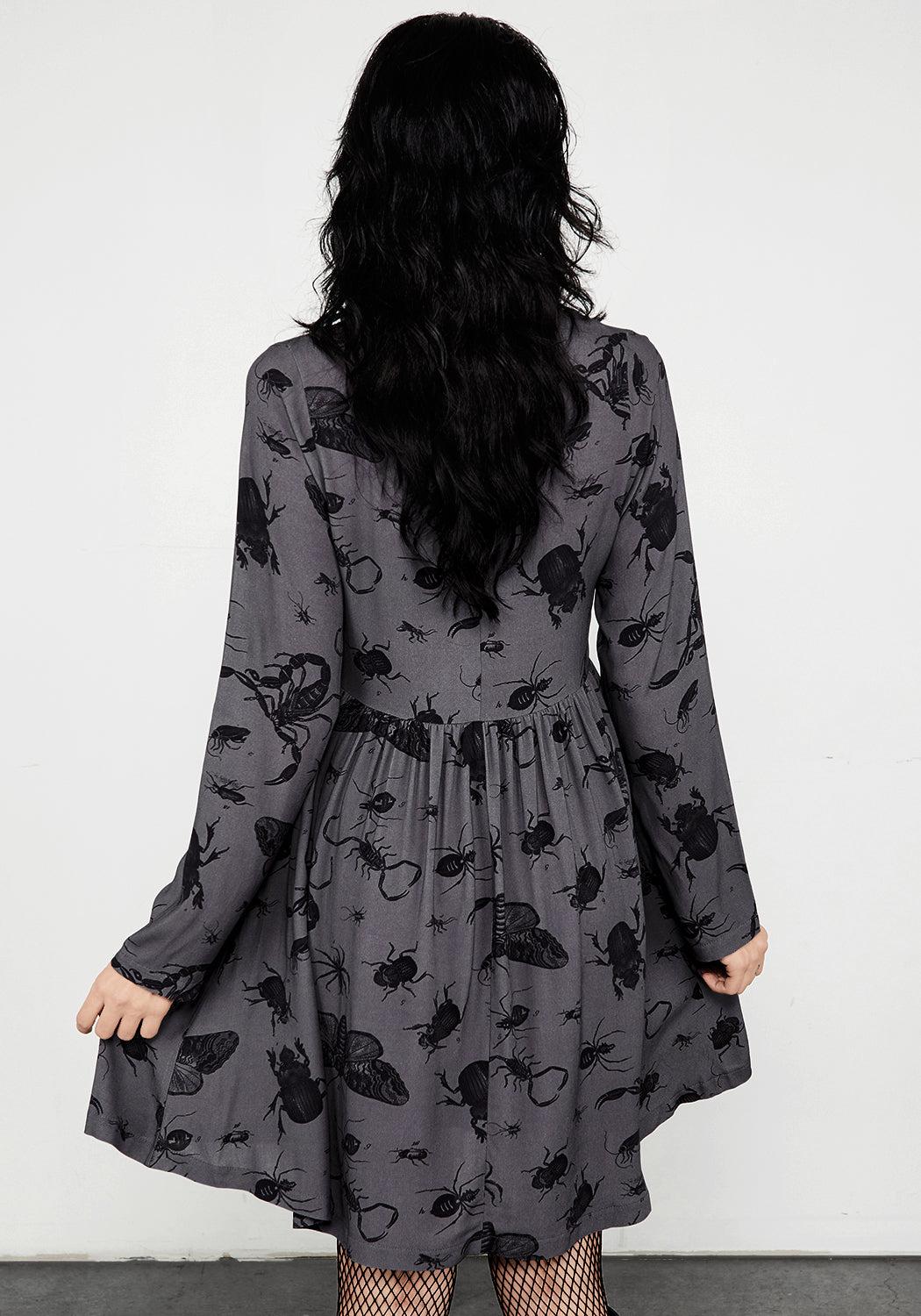 Grey Bug Print Mini Smock Dress with V-Neck & Long Sleeves