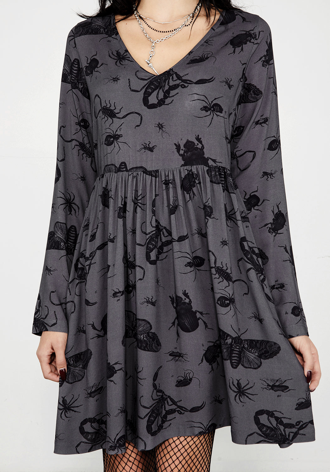 Grey Bug Print Mini Smock Dress with V-Neck & Long Sleeves