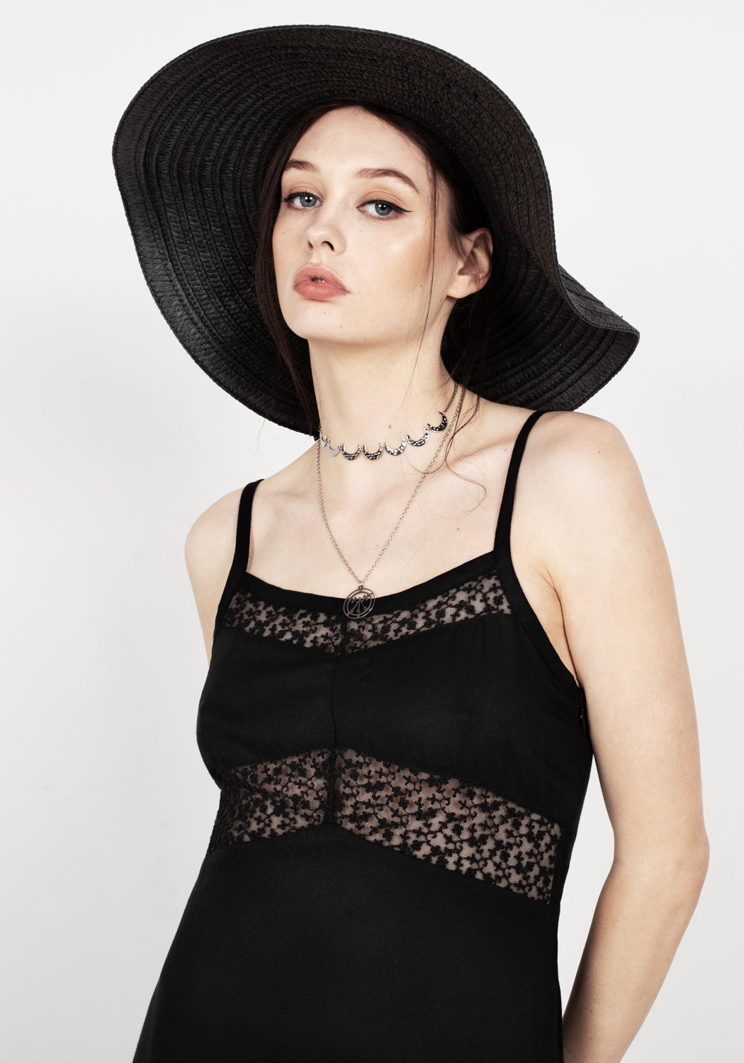 Black Lace Panel Maxi Slip Dress with Side Split | Aine